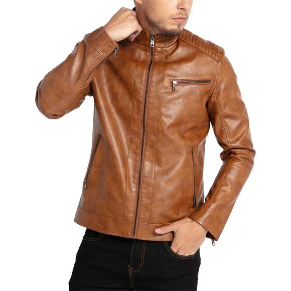 🆕 Men Brown Stand Collar Leather Jacket Motorcycle Lightweight Faux Outwear - Picture 4 of 6